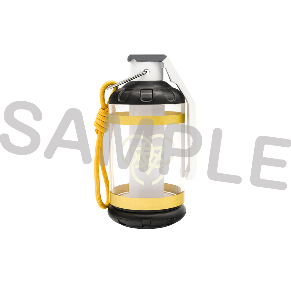 A yellow-and-black grenade-style metal lantern with a clear outer case, inner cylinder, and a yellow carrying loop.