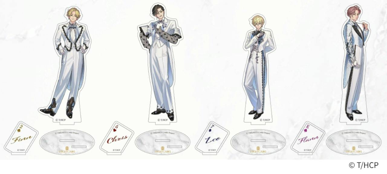 Four illustrated acrylic character standees with their oval bases and small name-card inserts displayed on a light marble background.