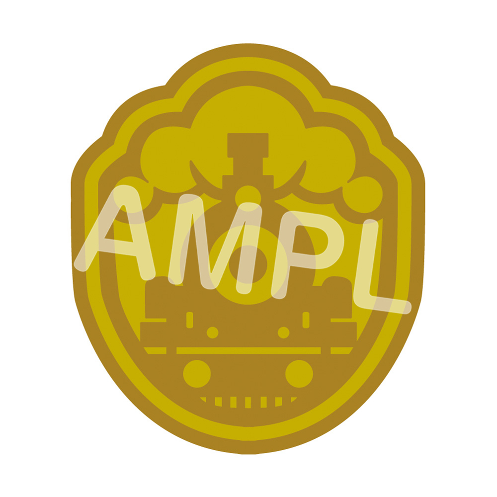 Illustration of a gold-colored embroidered patch sticker featuring a stylized locomotive crest on a white background with a sample watermark.