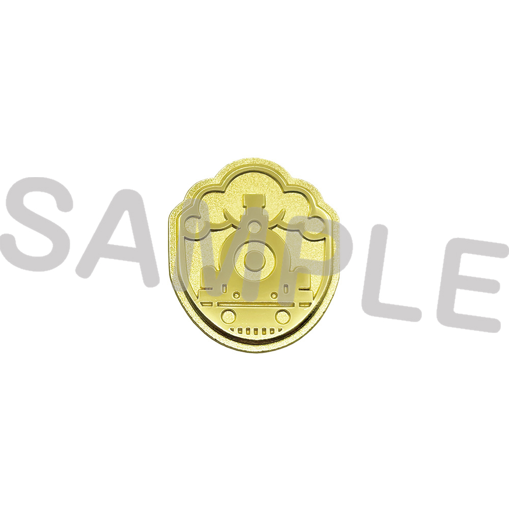 Gold-colored pin badge showing a stylized locomotive emblem on a white background with a SAMPLE watermark.
