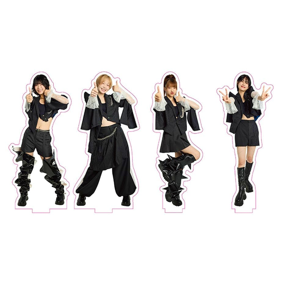 Four die-cut acrylic stand figures showing four people posing in black outfits on a white background.