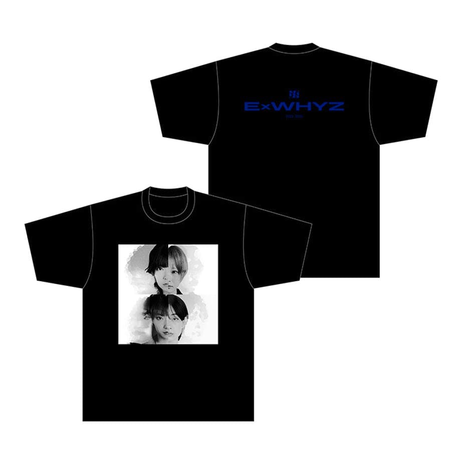 Front and back views of a black cotton T-shirt with a square black-and-white double-portrait print on the front and blue "ExWHYZ" text on the upper back.