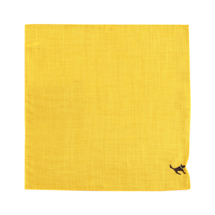 Yellow square handkerchief laid flat with a small embroidered dog in the bottom right corner.