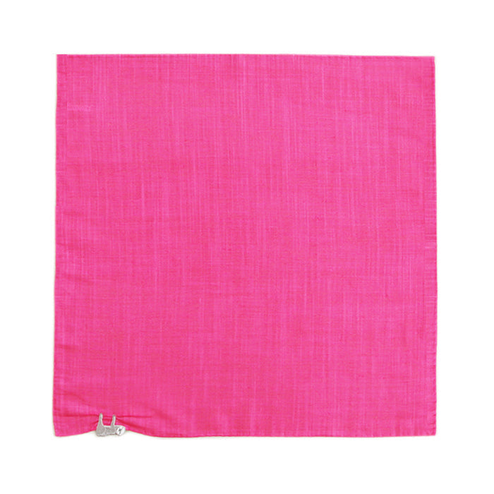 Pink square handkerchief laid flat with a small embroidered animal near one corner.