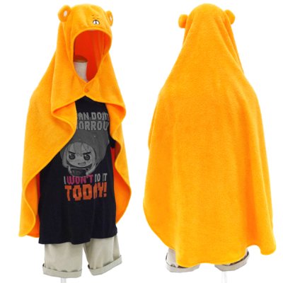 Front and back views of an orange polyester hooded cape with small ears displayed on a mannequin.