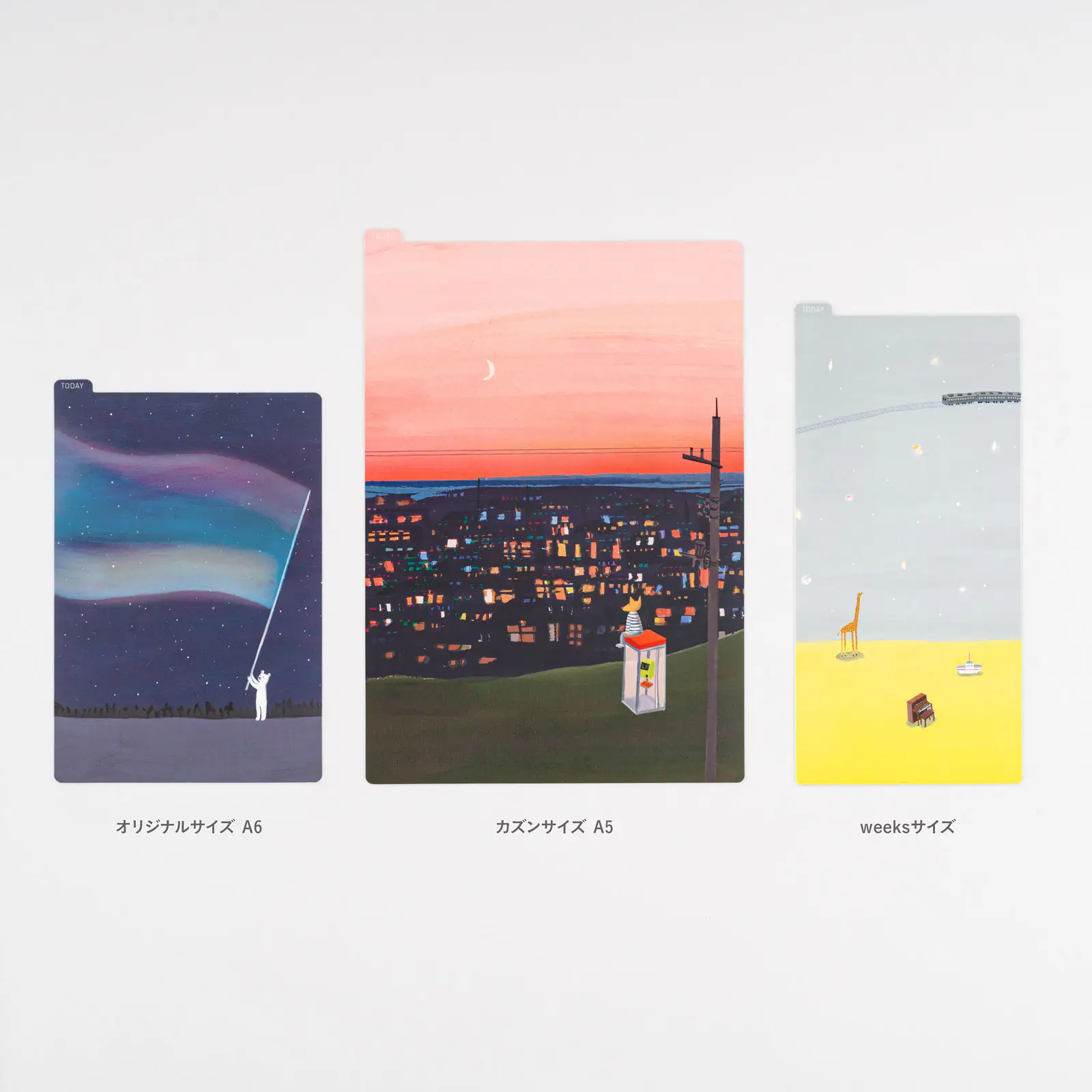 Three Hiroko Kubota Hobonichi pencil boards in A6, A5, and Weeks sizes, each with different landscape illustrations on a white background.
