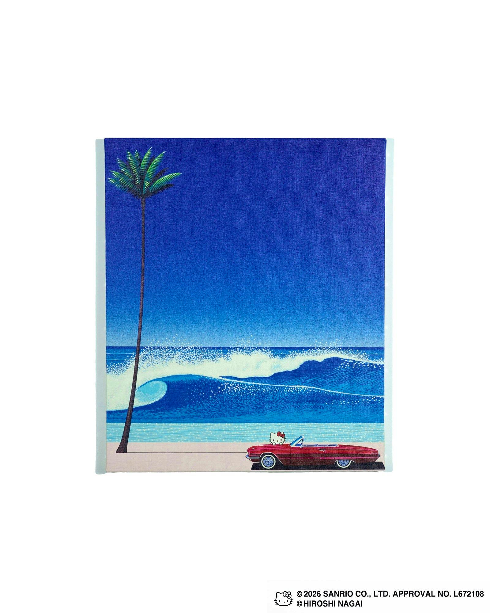 Canvas print showing a seaside scene with a tall palm tree, large waves, and a red convertible car with a Hello Kitty figure.