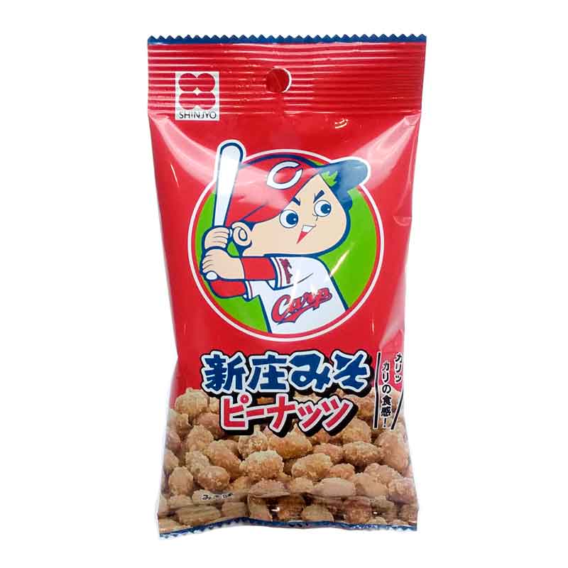 Red bag of Carp miso peanuts showing a cartoon baseball boy and miso-coated peanuts visible through the packaging.