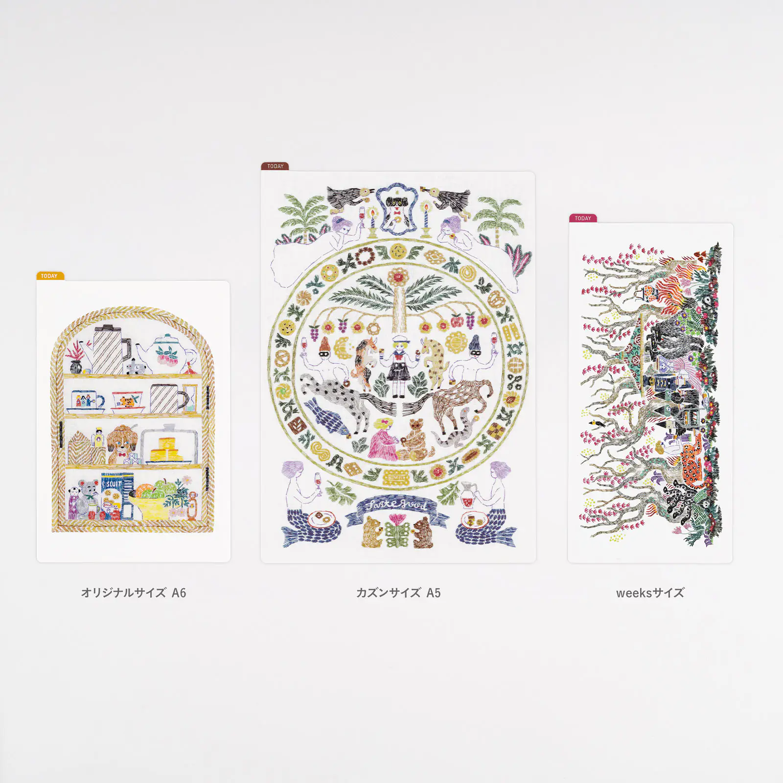 Three pencil boards for A6, A5, and Weeks sizes shown side-by-side with different illustrated designs.