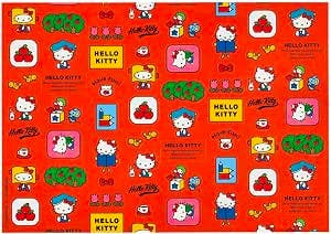 Sheet of Hello Kitty-themed paper stickers on a red background showing Hello Kitty characters and repeated "HELLO KITTY" text.
