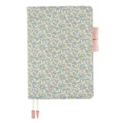Front view of the Hobonichi A5 Cousin plastic book cover in Sasha Kiora Liberty fabric floral pattern on a white background.