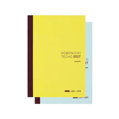 Two Hobonichi Techo 2027 Cousin Avec A5 notebooks, one yellow cover and one light-blue cover, shown stacked slightly offset.