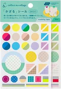Packaged sheet of colorful decorative paper stickers showing circles, squares, and corner/tab shapes with Japanese header text.