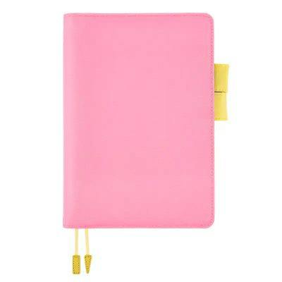 Front view of a pink polyester A5 cousin-size book cover with a yellow pen loop and two yellow ribbon bookmarks on a white background.