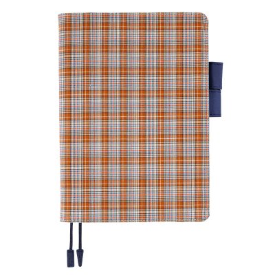 A5 Cousin size notebook with brownie plaid fabric cover and a blue pen loop visible