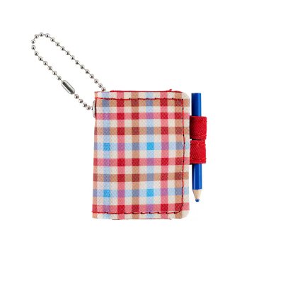 A plaid Hobonichi Techo Mini keychain shown with a metal ball chain and a small blue pencil attached.