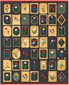 A sheet of small foil-stamped floral paper stickers arranged in gold-framed shapes on a dark background.