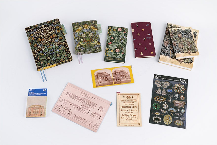 Several patterned Hobonichi pencil boards and related stationery items arranged on a white background.