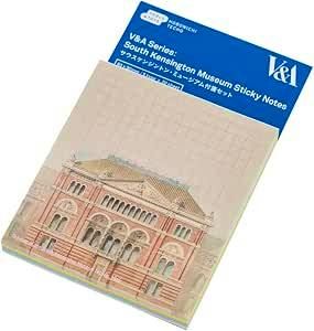 Packaged sticky notes set showing a grid-patterned notepad with an illustrated South Kensington Museum façade and a blue header card.