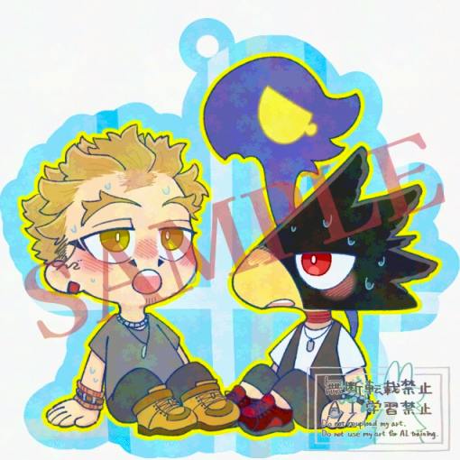 Acrylic decorative stand front view showing two chibi characters sitting side by side with a blue outline and a top attachment hole.