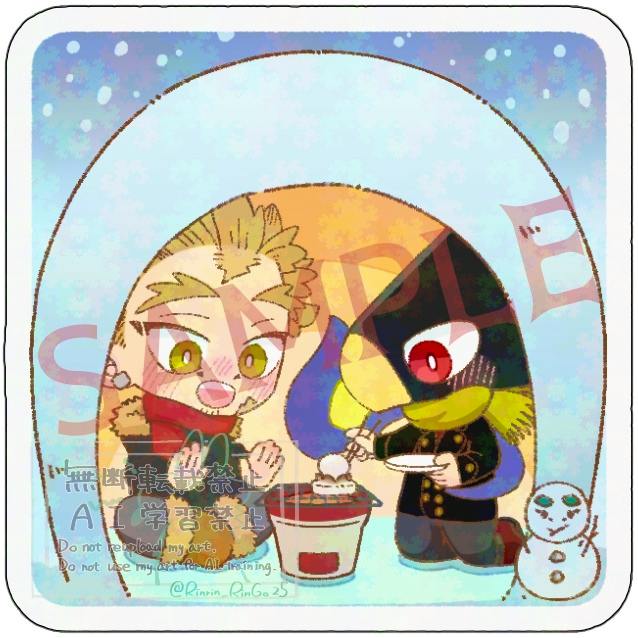 Artwork for an acrylic stand showing two chibi characters by a small pot and a snowman, with a "SAMPLE" watermark.