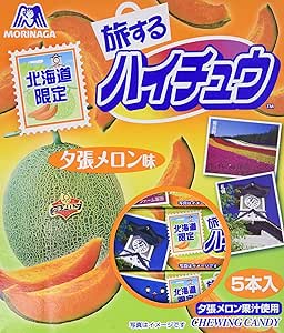 Front of the Hokkaido-limited melon Haichu Yatsu candy package showing a melon image, brand logo, and a label indicating five pieces.