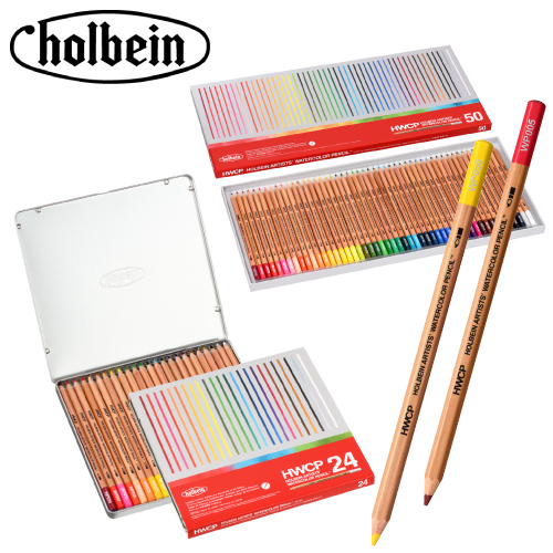 Open tins and boxed packaging of Holbein watercolor colored pencils, plus two individual WP195 pencils showing colored leads.