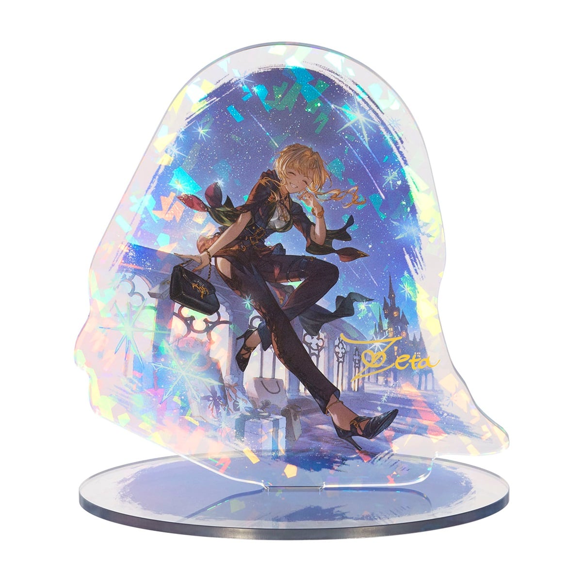 Holographic acrylic decorative stand showing the Zeta Christmas illustration mounted on a round base.