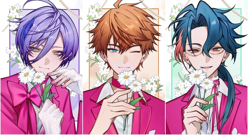 Three illustrated photocard designs showing male characters in pink jackets holding white daisies, arranged side-by-side.