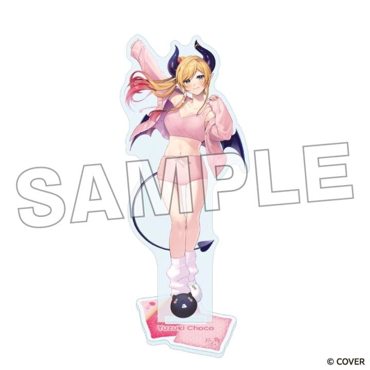 Full-body acrylic stand of Yuzuki Choco in pink roomwear with horns, wings and a tail on its base, shown with a SAMPLE watermark.