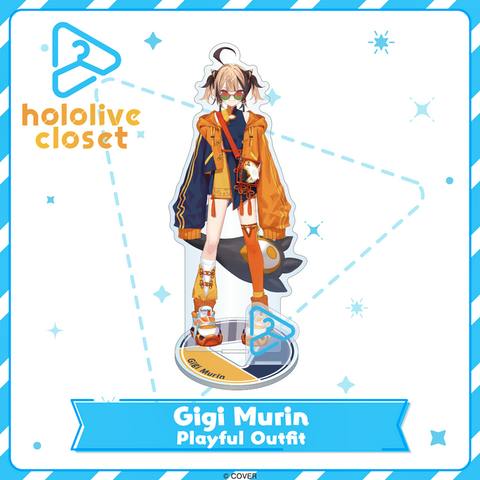Mockup image of the Gigi Murin Playful Outfit acrylic decorative stand showing the character illustration on a round base with the hololive closet logo.