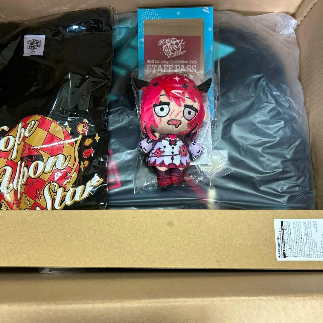 Packaged IRyS plush doll, staff pass, and folded apparel visible inside a cardboard box.