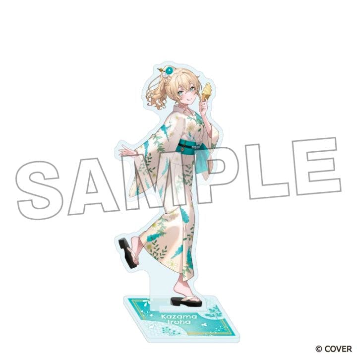 An acrylic stand of Kazama Iroha wearing a yukata displayed on its rectangular base, with a visible “SAMPLE” watermark over the image.