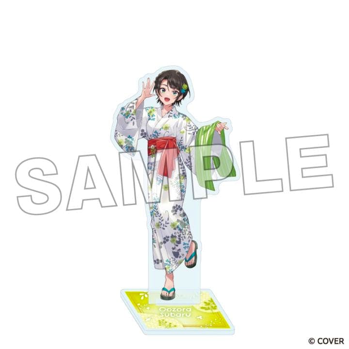 Front photo of the acrylic stand showing Oozora Subaru in a yukata mounted on its square base with a visible SAMPLE watermark.