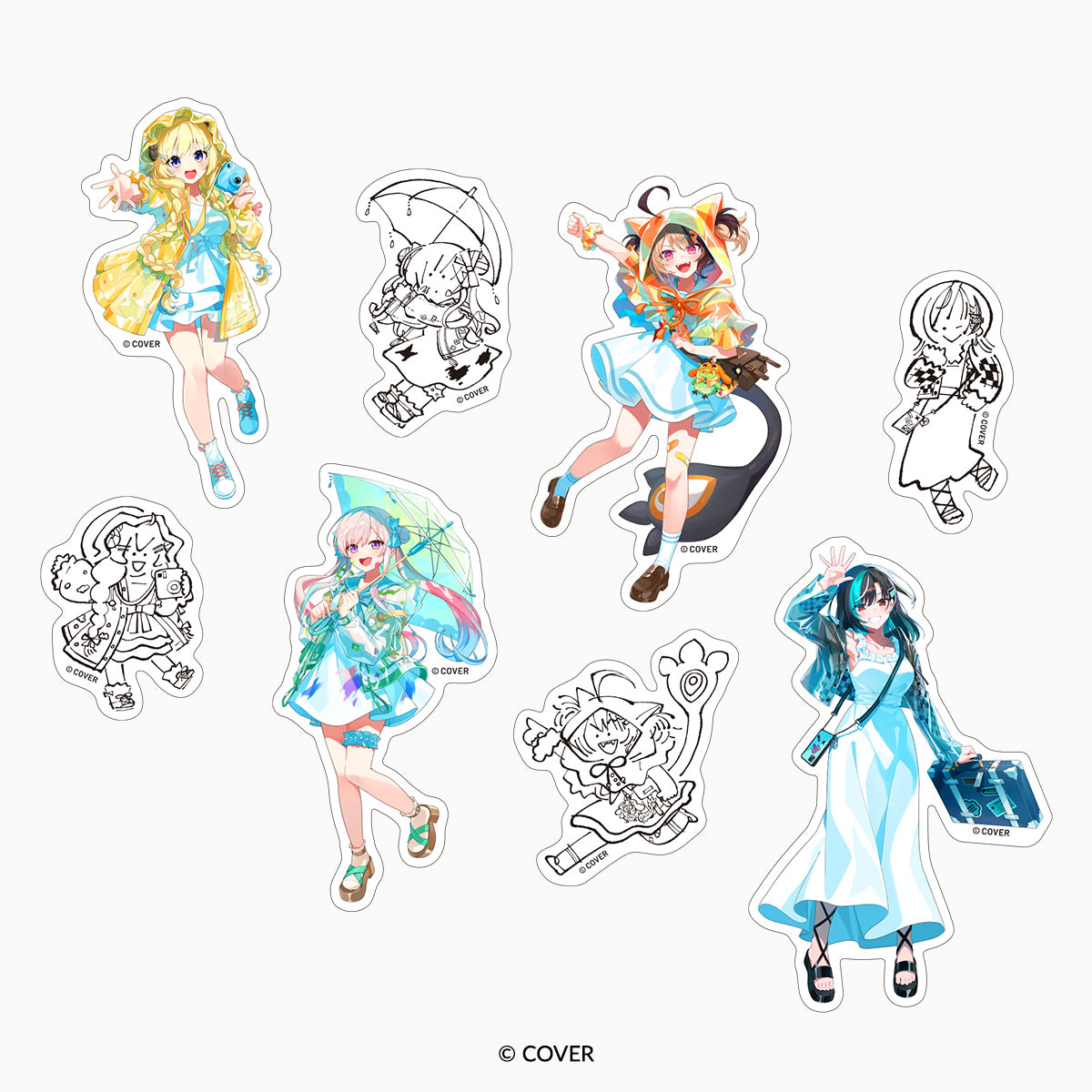 Die-cut paper sticker set showing eight character stickers arranged on a white background.