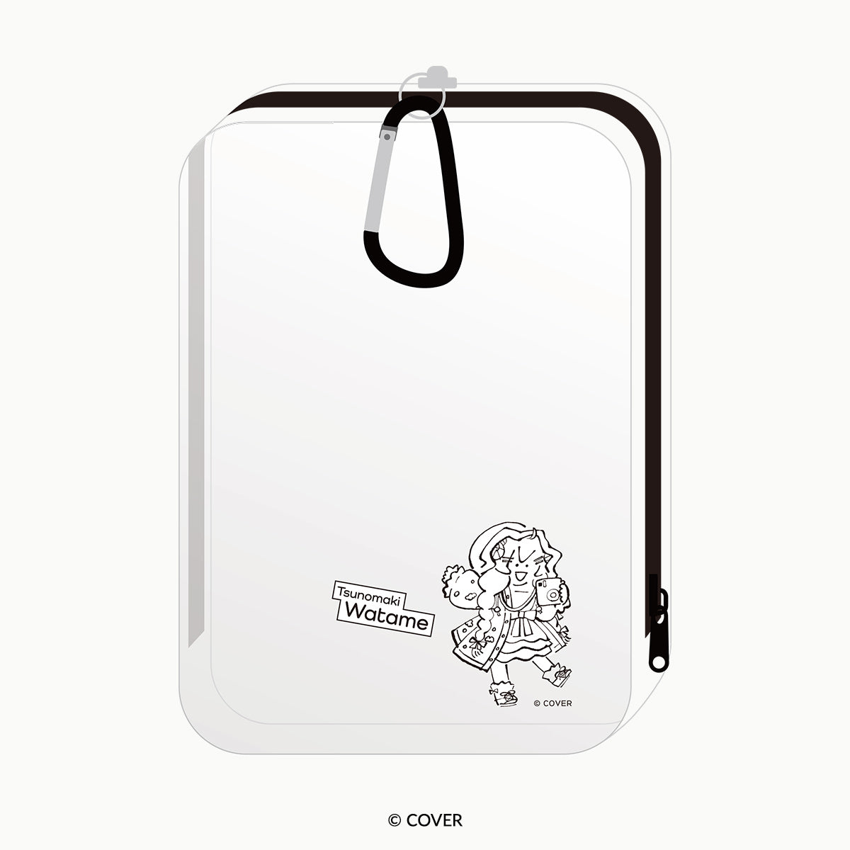 Clear rectangular plastic pouch with a black zipper and carabiner, showing a small black-and-white character illustration labeled "Tsunomaki Watame".