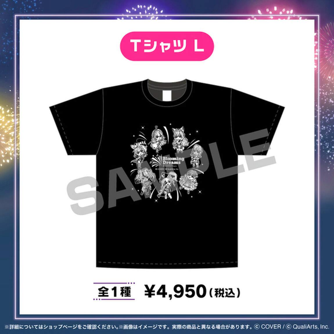 Mockup of the black men's cotton T-shirt (L size) showing the 'Blooming Dreams' anniversary character print and a large 'SAMPLE' watermark.