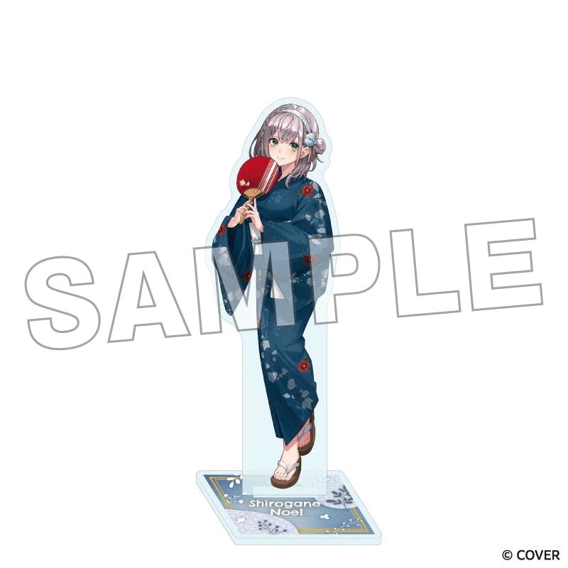 Acrylic stand of Shirogane Noel in a blue yukata holding a red fan, standing on a rectangular decorative base.