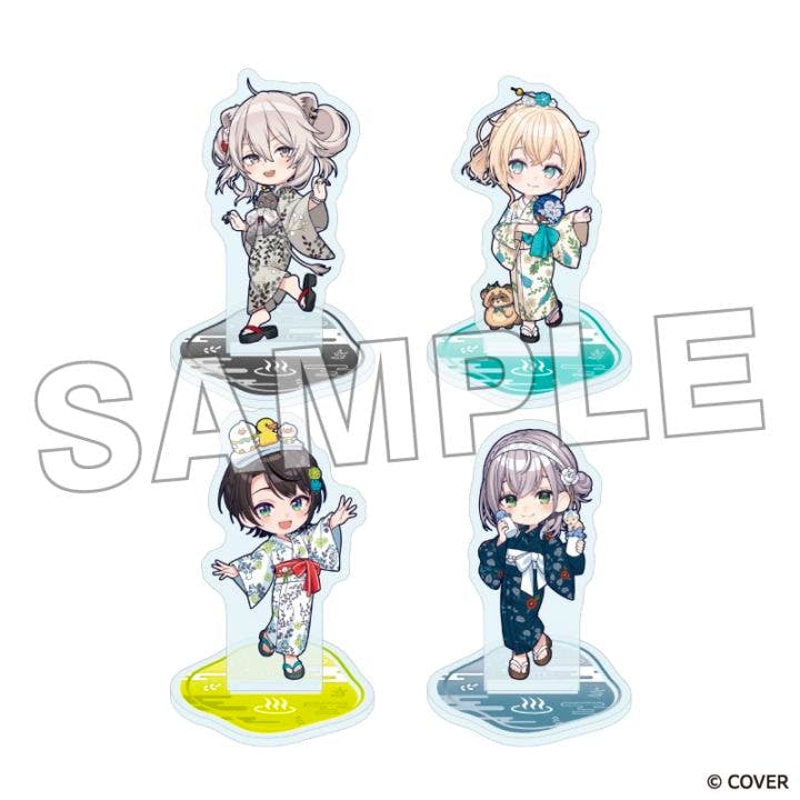 Four mini chibi acrylic decorative stands showing characters in yukata on colored bases with a SAMPLE watermark.