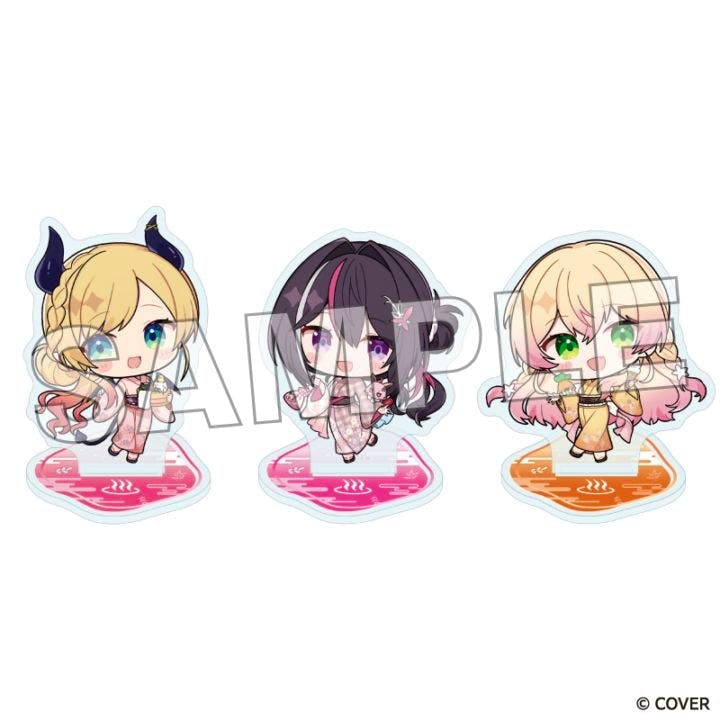 Three chibi-style character acrylic stands shown side-by-side on colored bases.