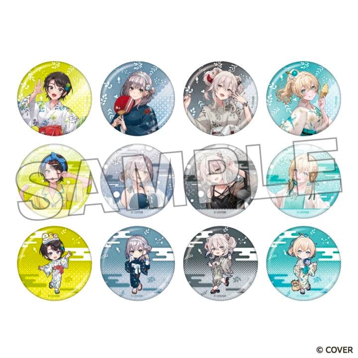 Twelve illustrated trading can badges shown in a 3x4 grid with a large "SAMPLE" watermark.