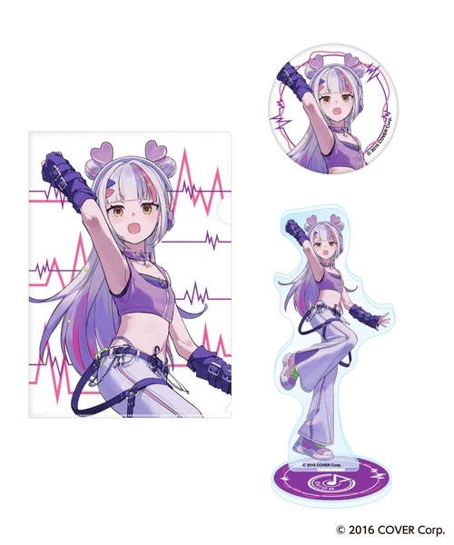 Goods set showing an A4 clear file (left), a round can badge (top right), and a full-body acrylic stand (right) featuring a purple-outfitted character.