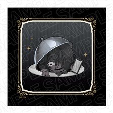 Square microfiber handkerchief featuring a deformed (chibi) anime character under a serving dome with a decorative border.