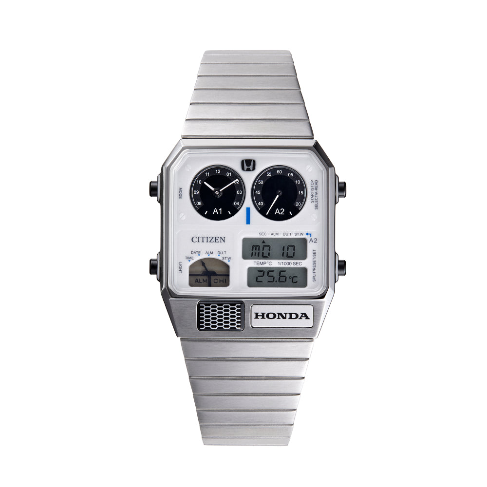 Front view of the Honda × CITIZEN collaboration metal-cased watch showing analog subdials, digital displays, and a silver metal bracelet.