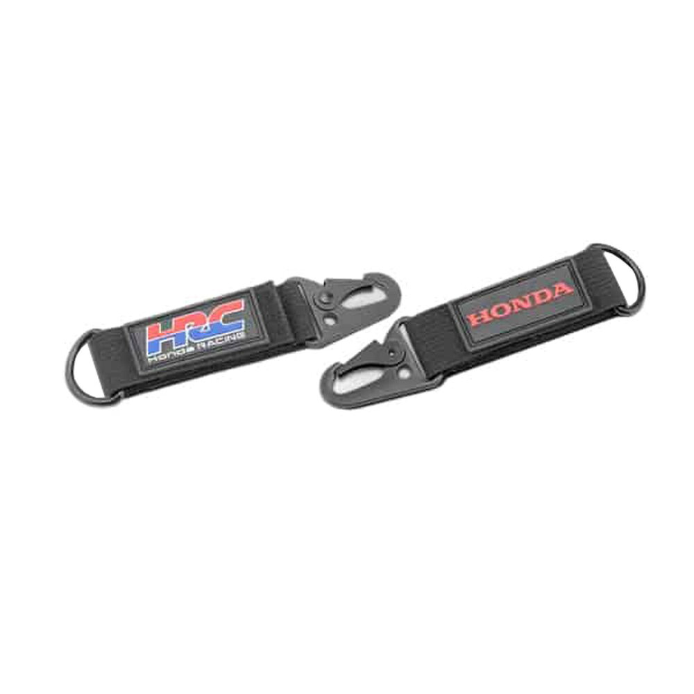 Two black velcro Honda keychains with metal clips and rings; one shows an HRC logo and the other shows HONDA.