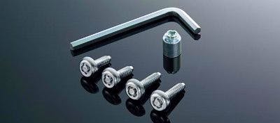 Five metal bolts, a locking nut, and an L-shaped hex wrench displayed on a dark surface.