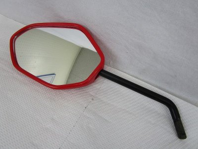 Left-side Honda Navi110 motorcycle mirror in patriot red with black stem on a white background.