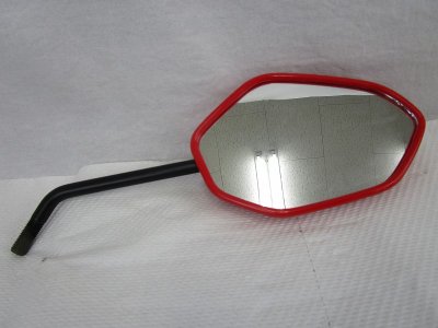 Right mirror for HONDA Navi110 in patriot red with a black stem resting on a white surface.