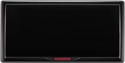 Black rectangular Honda license plate frame (rear) with a red HONDA logo on the bottom edge.