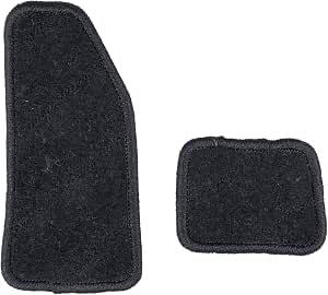 Two black carpeted pieces on a white background: a long footrest cover and a smaller accelerator pedal under mat.